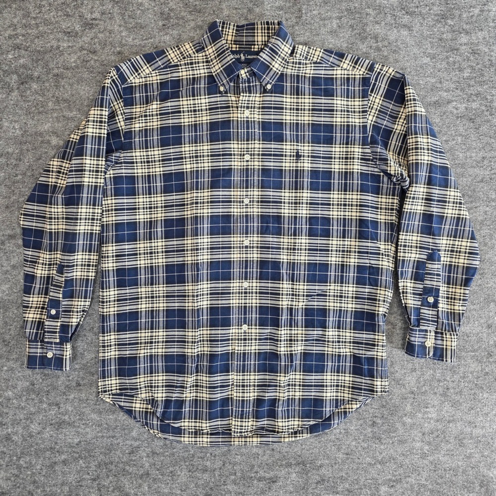 Ralph Lauren Blake Shirt Mens Medium Blue Beige Classic Fit Plaid Button Down
